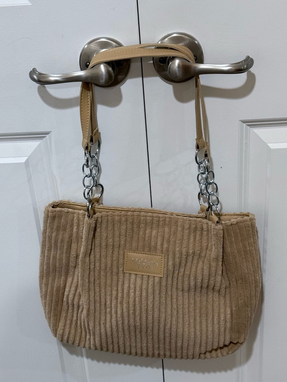 Neutral Tan Corduroy Shoulder Bag with Chain-Strap Detail NWOT